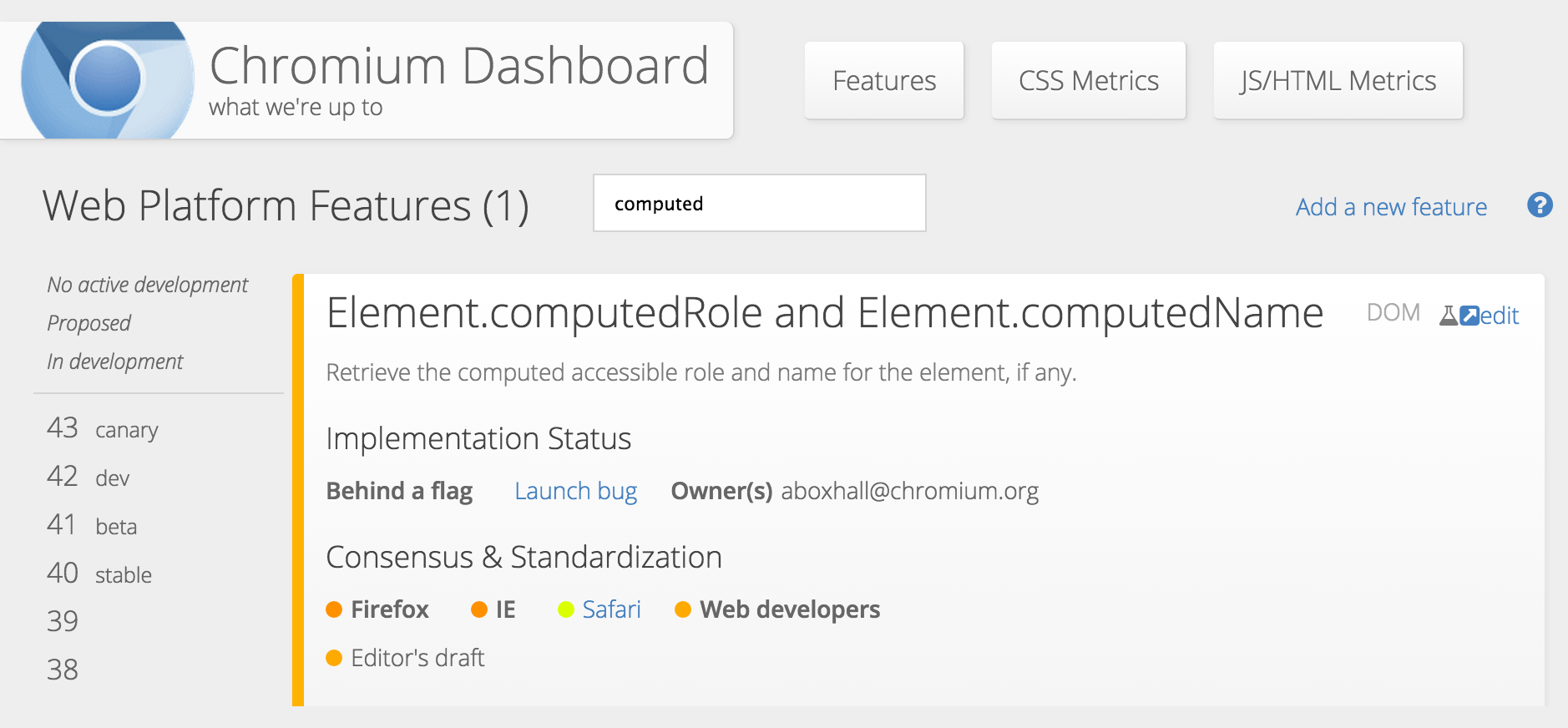 Chromium dashboard showing intent to implement getComputedName and getComputedValue